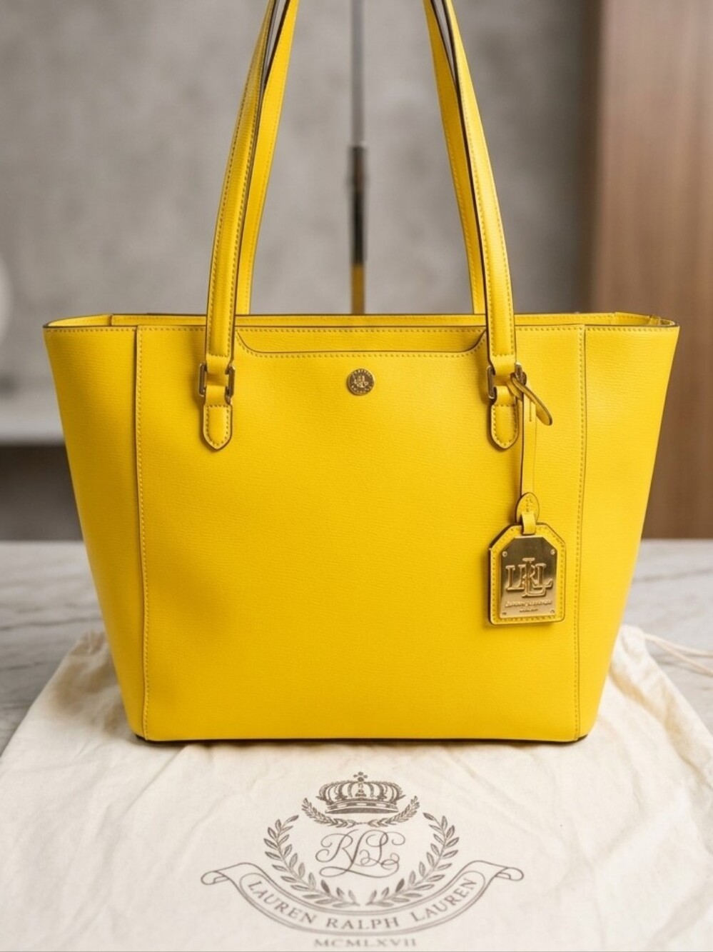 Vintage Ralph Lauren Yellow Saffiano Leather Tote Bag Handbag w/ Dustbag